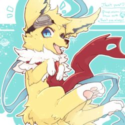  1:1 3_fingers 3_toes black_nose blue_eyes cheek_tuft cute_fangs eeveelution english_text eyewear eyewear_on_head facial_tuft feet feral fingers fur generation_1_pokemon goggles goggles_on_head hi_res inner_ear_fluff jolteon male nagi_onemu neck_tuft nintendo open_mouth pawpads paws pokemon pokemon_(species) scarf shrike_alvaron simple_background solo teeth text toes tongue tuft white_body white_fur yellow_body yellow_fur 