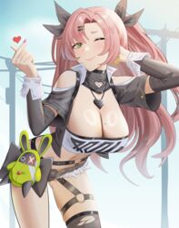  ;) absurdres anoreika_tomoe bangboo_(zenless_zone_zero) bare_shoulders belt black_belt black_ribbon black_shorts black_thighhighs blush breasts cleavage clothing_cutout commentary_request cowboy_shot crop_top female green_eyes hair_ornament hair_ribbon hairclip hand_in_own_hair hand_up heart highres large_breasts leaning_forward long_hair long_sleeves looking_at_viewer micro_shorts midriff nail_polish navel nicole_demara one_eye_closed pink_hair pink_nails ribbon shorts shoulder_cutout single_thighhigh smile solo standing stomach strapless thighhighs thighs tube_top two_side_up very_long_hair zenless_zone_zero 