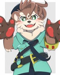  4:5 anthro blush brown_body brown_fur clothing cute_fangs eyebrows fur green_eyes hi_res kemoizumi lifewonders male mammal mustelid necktie otter otter_(tas) pawpads police police_hat police_officer police_uniform smile solo thick_eyebrows tokyo_afterschool_summoners uniform 