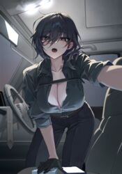  absurdres arm_support bara_(03_bara_) belt black_belt black_eyes black_gloves black_hair black_pants black_shirt breasts brown_belt car_interior cellphone chest_belt cleavage collared_shirt commentary_request female gloves hair_between_eyes half_gloves highres kneeling large_breasts long_bangs looking_at_viewer medium_hair necktie open_mouth original outstretched_arm pants partially_unbuttoned phone piercing rear-view_mirror right-hand_drive shirt shirt_tucked_in sleeves_rolled_up smartphone solo steering_wheel teeth tongue tongue_piercing unworn_necktie upper_teeth_only yokoyama_ishimi 