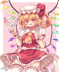  ascot back_bow blonde_hair blush border bow breasts buttons collared_shirt cowboy_shot female flandre_scarlet frilled_ascot frilled_shirt_collar frilled_skirt frilled_thighhighs frills hat hat_ribbon highres kemo_chiharu large_bow medium_hair mob_cap multicolored_wings oerba_yun_fang one_side_up open_mouth pink_background puffy_short_sleeves puffy_sleeves red_bow red_eyes red_ribbon red_skirt red_vest ribbon shirt short_sleeves simple_background skirt skirt_set sleeve_bow small_breasts solo thighhighs touhou vest white_border white_bow white_hat white_shirt white_thighhighs wings wrist_cuffs yellow_ascot 