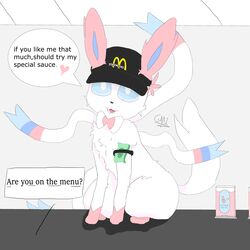  1:1 absurd_res ambiguous_gender andromorph_(lore) clothing eeveelution english_text feral gabriela_paes generation_6_pokemon hat headgear headwear hi_res mac_(disambiguation) mcdonald&#039;s nintendo paws pokemon pokemon_(species) smile solo suggestive_dialogue sylveon text 