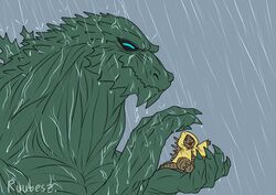  clothing coat dinosaur duo extinct feral godzilla godzilla_(series) hi_res holding_another kaiju male muscular open_mouth prehistoric_species raincoat raining reptile ruubeszdraws scales scalie shielding simple_background size_difference spikes spikes_(anatomy) spines toho topwear wet 