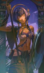  aether_(genshin_impact) alhaitham_(genshin_impact) ankh blue_eyes blue_hair breasts candace_(genshin_impact) closed_mouth cyno_(genshin_impact) dark-skinned_female dark_skin dehya_(genshin_impact) egyptian egyptian_clothes eye_of_horus female flower genshin_impact hair_tubes heterochromia highres holding holding_polearm holding_shield holding_weapon jewelry medium_breasts mizuku_hei neck_ring night orange_eyes paimon_(genshin_impact) plant polearm shield solo star_(sky) vision_(genshin_impact) weapon 