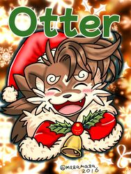  3:4 anthro bell blush brown_body brown_fur christmas christmas_clothing christmas_headwear closed_eyes clothing english_text eyebrows fur hat headgear headwear holidays lifewonders male mammal mazamaza2016 mustelid otter otter_(tas) santa_hat smile solo text thick_eyebrows tokyo_afterschool_summoners 