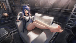  absurdres ahoge aqua_eyes arknights arm_support bandana bandana_around_neck bare_legs barefoot belt black_bandana black_belt black_horns black_jacket blue_hair book bottomless box breasts buckle buttoned_cuffs buttons cardboard_box collarbone couch crossed_legs dark_halo demon_horns eyelashes fallen_angel feet female foot_focus foreshortening from_side full_body fur-trimmed_jacket fur_trim gloves grey_halo hair_flowing_over halo hand_in_own_hair hand_up happy highres horns indoors jacket knees layered_sleeves legs light_particles light_rays lips long_hair long_sleeves looking_at_viewer looking_to_the_side medium_breasts mostima_(arknights) on_couch open_clothes open_jacket open_mouth presenting_foot railing resting round_table shadow shiny_skin shirt shoulder_belt sidelighting sitting smile snap-fit_buckle soles solo spread_toes straight_hair sunbeam sunlight swept_bangs table teeth thighs toenails toes toes_up tongue upper_teeth_only very_long_hair wa_(user_snch2757) white_gloves white_shirt wide_sleeves 