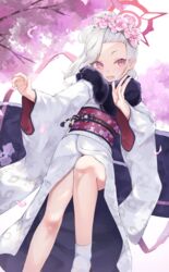  absurdres blue_archive blush cherry_blossoms female fingernails flower fur-trimmed_kimono fur_trim grey_hair hair_flower hair_ornament halo heimu_(heim_kstr) highres japanese_clothes kimono long_hair long_sleeves looking_at_viewer mutsuki_(blue_archive) mutsuki_(new_year)_(blue_archive) obi official_alternate_costume open_mouth pink_eyes pink_flower red_halo sash socks solo white_kimono white_socks wide_sleeves 