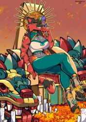  anthro aztec black_body black_fur clothing day_of_the_dead felid feline female flower flower_crown fur generation_7_pokemon hi_res holidays incineroar mammal maria_garcia nintendo plant pokemon pokemon_(species) red_body red_fur ring solo thericegoat 