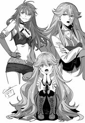  2girls boots breasts choker corset criss-cross_halter crop_top cross-laced_footwear crossed_arms dual_persona earrings eiyuu_densetsu elbow_gloves fangs full_body gloves greyscale grin halterneck hand_on_own_hip head_rest jewelry long_hair long_sleeves looking_at_viewer midriff monochrome multiple_girls navel open_mouth parted_lips roselia_millstein sen_no_kiseki sen_no_kiseki_iii sen_no_kiseki_iv shirley_orlando short_shorts shorts signature small_breasts smile squatting vampire werkbau 