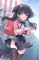  absurdres backpack bag black_hair black_skirt black_thighhighs blush character_print commentary dohyo123123 female highres holding holding_ice_cream_cone ice_cream_cone idolmaster idolmaster_shiny_colors jirai_kei kuromi long_sleeves looking_at_viewer mask mask_pull mayuzumi_fuyuko mint_chocolate mouth_mask onegai_my_melody outdoors pink_mask pink_shirt randoseru red_bag sanrio shirt skirt solo standing standing_on_one_leg thighhighs two_side_up 