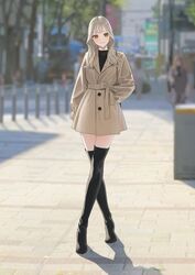  bag black_footwear black_shirt blonde_hair blurry blurry_background boots brown_coat brown_hair chains closed_mouth coat commentary crossed_legs depth_of_field diamond_earrings earrings female full_body gold_chain hand_in_pocket hara_kenshi highres jewelry kunitomi_ryouka long_hair looking_at_viewer necklace original outdoors shadow shirt shoulder_bag smile solo standing thigh_boots yellow_eyes 