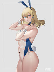  absurdres animal_ears blonde_hair blue_eyes blue_hairband blush breasts closed_mouth cowboy_shot fake_animal_ears female from_side hair_between_eyes hairband hands_up heart highres leotard looking_at_viewer looking_to_the_side medium_breasts medium_hair meme_attire milephunter original penis_measuring playboy_bunny rabbit_ears rabbit_tail see-through see-through_leotard solo tail translucent_bunnysuit wrist_cuffs 