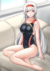  alternate_costume barefoot black_one-piece_swimsuit breasts brown_eyes competition_swimsuit covered_navel feet female grey_hair headband highleg highleg_swimsuit highres kantai_collection large_breasts legs long_hair looking_at_viewer one-piece_swimsuit red_headband shoukaku_(kancolle) sitting solo swimsuit toenails toes very_long_hair wata_nuki yokozuwari 