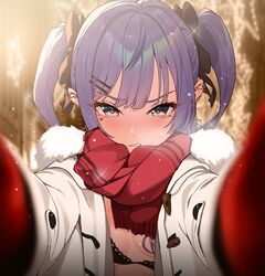  alternate_costume black_bra blue_eyes blue_hair blunt_bangs blurry blurry_background blush bra breasts christmas_lights coat commentary duffel_coat female fur-trimmed_coat fur-trimmed_hood fur-trimmed_scarf fur_trim gloves hair_between_eyes hair_ribbon highres hololive hood hoshimachi_suisei jewelry lingerie looking_at_viewer meme mittens open_clothes open_coat open_mouth pov pov_cheek_warming_(meme) reaching reaching_towards_viewer red_gloves red_mittens red_scarf ribbon scarf short_twintails sidelocks skirt snow snowing solo star_(symbol) star_in_eye symbol-only_commentary symbol_in_eye twintails underboob underwear virtual_youtuber white_coat winter_clothes winter_coat winter_gloves yozora_(1wkdgusdn) 