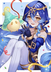  :d absurdres bare_shoulders blue_background blue_hair blue_hood blue_sleeves blue_veil blush border breasts bright_pupils claw_ring colored_tips drill_hair drill_sidelocks female flying_sweatdrops fungi_(genshin_impact) genshin_impact gold_choker gradient_hair hands_up highres hood hood_up jewelry layla_(genshin_impact) medium_breasts mugita_(mokankan) multicolored_hair neck_ring open_mouth outside_border pantyhose pointy_ears ringlets sidelocks smile solo sparkle steepled_fingers streamers thighlet twin_drills white_border white_pantyhose yellow_eyes 