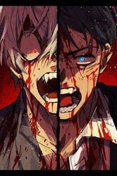  2boys black_hair black_jacket blood blood_on_clothes blood_on_face blue_eyes collarbone fangs gegege_no_kitarou grey_hair highres jacket japanese_clothes kitarou_tanjou:_gegege_no_nazo looking_at_viewer male_focus medama_oyaji medama_oyaji_(human) mizuki_(gegege_no_kitarou) multiple_boys necktie nive_(dn) open_mouth red_background red_eyes red_necktie scar scar_across_eye shirt split_screen straight-on teeth unusually_open_eyes white_shirt 