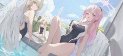  3girls :d absurdres angel_wings animal animal_ear_fluff animal_ears animal_on_head arm_support back_cutout bare_arms bare_legs bare_shoulders barefoot bird bird_on_head black_one-piece_swimsuit black_scrunchie blonde_hair blue_archive blue_hair blue_sky blush breasts building chain-link_fence chair closed_mouth clothing_cutout cloud commentary competition_swimsuit covered_navel day dutch_angle feathered_wings fence fox_ears gradient_hair hair_between_eyes hair_ornament hair_scrunchie halo hand_on_own_chest hand_on_own_thigh high_ponytail highres knee_up lamppost light_brown_hair long_hair looking_at_viewer looking_back lounge_chair low_wings medium_breasts mika_(blue_archive) multicolored_hair multiple_girls nagisa_(blue_archive) narrow_waist official_alternate_costume on_chair on_head one-piece_swimsuit open_mouth outdoors parted_bangs parted_lips partially_submerged pink_hair pink_halo ponytail pool poolside raised_eyebrows scrunchie seia_(blue_archive) sidelocks sitting sky skyscraper small_breasts smile soaking_feet standing straight_hair swimsuit tail tea_party_(blue_archive) thighs toki88909 tree trinity_general_school_swimsuit very_long_hair wading water white_bird white_wings wings yellow_eyes yellow_tail 