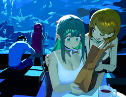  1boy 3girls aqua_eyes aqua_hair aquarium bag black_dress blush breasts chaucer_(some1else45) check_commentary choker coffee_mug collarbone colored_inner_hair commentary_request cup dress drop_earrings ear_piercing earrings fish glasses gold_necklace highres hipa_(some1else45) horns indoors jewelry large_breasts long_hair medium_breasts medium_hair mug multicolored_hair multiple_girls nahia_(some1else45) necklace one_eye_closed open_mouth original paper_bag piercing pink_eyes purple_hair ribbon_choker sekoshi_(some1else45) sitting some1else45 stud_earrings swept_bangs thick_eyebrows white_dress 