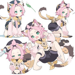  1other absurdres aiee all_fours animal_ear_fluff animal_ears aqua_eyes averting_eyes bangs_pinned_back barefoot black_shorts blush blush_stickers cat_ears cat_girl cat_tail claw_pose closed_mouth commentary_request detached_sleeves diona_(genshin_impact) disembodied_hand feet female forehead genshin_impact headpat highres long_sleeves looking_to_the_side lying midriff mouth_hold multicolored_tail multiple_views navel on_back open_mouth pink_hair pink_sleeves puffy_long_sleeves puffy_sleeves short_eyebrows short_hair short_shorts shorts simple_background soles tail thick_eyebrows toenails toes v-shaped_eyebrows wavy_mouth white_background 