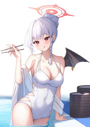  absurdres black_wings blue_archive blush braid breasts chopsticks closed_mouth collarbone covered_navel cowboy_shot demon_wings fake_wings female fingernails grey_hair halo haruna_(blue_archive) haruna_(swimsuit)_(blue_archive) highres holding holding_chopsticks large_breasts long_hair looking_at_viewer one-piece_swimsuit partially_submerged pool qoray7 red_eyes red_halo side_braid single_wing smile solo swimsuit white_one-piece_swimsuit wings 