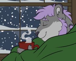  5:4 anthro beard bedding blanket christmas closed_eyes comfy cozy eyebrows facial_hair felid fur grey_body grey_fur hair holidays inside male mammal palehorntea pantherine purple_hair smile snow snow_leopard solo window winter 