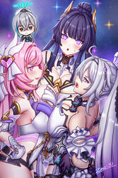  4girls ahoge blush breast_envy breast_pile breast_press breasts bronya_zaychik bronya_zaychik_(herrscher_of_truth) elysia_(herrscher_of_human:_ego)_(honkai_impact) elysia_(honkai_impact) from_side grey_hair hand_on_own_hip highres honkai_(series) honkai_impact_3rd kiana_kaslana kiana_kaslana_(herrscher_of_finality) large_breasts long_hair multiple_girls open_mouth pink_eyes pink_hair ponytail purple_eyes purple_hair raiden_mei raiden_mei_(herrscher_of_origin) short_hair sideboob sweat white_hair zero130 