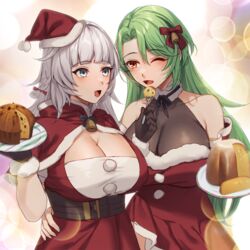  2girls alternate_costume azur_lane bare_shoulders bell belt black_belt black_gloves bread breasts cake capelet christmas cleavage commentary_request commission dress food fork fur-trimmed_capelet fur-trimmed_dress fur_trim gloves green_hair grey_eyes hair_bell hair_ornament hand_on_another&#039;s_hip hat highres holding holding_fork holding_plate huge_breasts jingle_bell large_breasts littorio_(azur_lane) long_hair maitei_roppa multiple_girls one_eye_closed open_mouth pandoro panettone_(food) pixiv_commission plate red_capelet red_eyes red_headwear santa_dress santa_hat vittorio_veneto_(azur_lane) white_eyes white_hair 