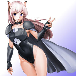  armor black_choker black_gloves black_leotard blue_eyes breastplate cape choker collarbone dutch_angle fal_(phantasy_star) female fingerless_gloves gloves gradient_background highleg highleg_leotard highres leotard long_hair looking_at_viewer minamoto80486 phantasy_star phantasy_star_iv pink_hair pointy_ears shoulder_pads solo strapless strapless_leotard thighs triangle_mouth v white_background white_cape 