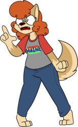  2018 3_fingers 4_fingers alpha_channel anthro barefoot big_glasses biped black_eyebrows black_eyewear black_glasses black_mouth blue_bottomwear blue_clothing blue_jeans blue_pants blue_text bottomwear breasts bridget_silky brown_body brown_ears brown_nose canid canine canis cheek_tuft chokovit_(artist) clothed clothed_anthro clothed_female clothing colored countershade_face countershade_fur countershade_neck countershading curled_hair denim denim_bottomwear denim_clothing digital_drawing_(artwork) digital_media_(artwork) eyebrows eyewear facial_tuft fangs feet female female_anthro fingers fluffy fluffy_tail front_view full-length_portrait fur fur_tuft glasses gloves_(marking) hair hi_res jeans leg_markings maine mammal markings nerd open_mouth orange_hair pants pigeon_toed portrait prick_ears red_tongue round_glasses shirt simple_background simple_eyes socks_(marking) solo standing t-shirt tail tan_body tan_countershading tan_ears tan_inner_ear tan_tail tan_tuft teeth text tongue topwear transparent_background tuft wolf wolf_tail 