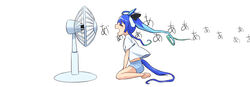  ahoge alternate_costume animal_ears barefoot blue_shorts closed_eyes commentary_request electric_fan fan_speaking female harakomeshi horse_ears horse_girl horse_tail open_mouth shirt short_sleeves shorts simple_background sitting solo tail twin_turbo_(umamusume) twintails umamusume wariza white_background white_shirt 