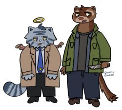  alternate_species angel anthro bottomwear brown_body brown_fur castiel clothed clothing dean_winchester duo fangs feathered_wings feathers felid feline footwear fully_clothed fur furrification ghostlygooberart grey_body grey_fur halo head_tuft hi_res jacket male mammal markings mustelid necktie pallas&#039;s_cat pants polecat_(mustelid) prick_ears shirt shoes small_wings striped_markings striped_tail stripes supernatural_(tv_show) tail tail_markings teeth toony topwear tuft wings 