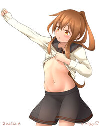  arm_up black_sailor_collar black_skirt brown_eyes brown_hair clothes_lift commentary_request cowboy_shot dated dressing female fumizuki_(kancolle) fumizuki_kai_ni_(kancolle) kantai_collection lifting_own_clothes long_hair navel one-hour_drawing_challenge ponytail ray.s sailor_collar school_uniform serafuku shirt shirt_lift simple_background skirt solo twitter_username white_background white_shirt 