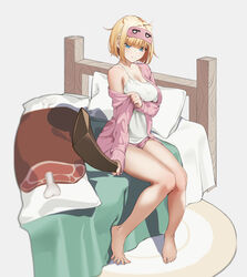  absurdres arm_under_breasts bare_legs bare_shoulders barefoot bed_sheet blonde_hair blue_eyes blunt_bangs boned_meat breasts brown_dust_2 c-eye camisole cardigan cleavage closed_mouth feet female fingernails food food_print full_body hair_over_eyes highres holding holding_clothes holding_sword holding_weapon justia_(brown_dust) knees_together_feet_apart legs long_sleeves looking_at_viewer mask mask_on_head meat medium_breasts messy_hair on_bed open_cardigan open_clothes pillow pink_cardigan pink_shorts print_pillow rug short_hair shorts sitting sleep_mask sleepwear small_horns solo spaghetti_strap spread_toes sword toenails toes weapon white_camisole wooden_sword 