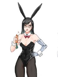  alternate_costume animal_ears black_hair bow bowtie breasts carrot eating fishnet_pantyhose fishnets glasses iron_(path_to_nowhere) jrnc23 long_hair pantyhose path_to_nowhere playboy_bunny prosthesis prosthetic_arm rabbit_ears red_bow red_bowtie scar scar_across_eye simple_background white_background wrist_cuffs 