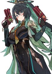  aqua_eyes bayonetta_(series) bayonetta_1 black_dress black_gloves black_hair breasts cloud_retainer_(genshin_impact) colored_inner_hair commentary_request cowboy_shot dress dual_wielding female genshin_impact glasses gloves green_hair gun handgun hands_up highres holding holding_gun holding_weapon large_breasts long_sleeves multicolored_hair red-framed_eyewear scarborough_fair_(bayonetta) simple_background solo standing the_olphy weapon white_background xianyun_(genshin_impact) 