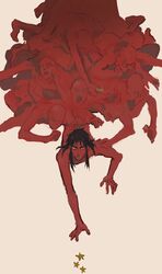  1boy 6+others absurdres black_hair clenched_teeth full_body highres itou_kaiji kaiji long_hair male_focus melted_together mimulishizi monochrome multiple_others nude pile_of_corpses reaching red_theme short_bangs sidelocks simple_background solo_focus star_(symbol) teeth 