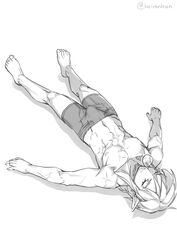  1boy boxer_briefs bulge closed_eyes commentary_request full_body greyscale link lying male_focus male_underwear monbetsu_kuniharu monochrome nose_bubble on_back pointy_ears scar scar_on_arm scar_on_chest scar_on_shoulder sleeping solo the_legend_of_zelda the_legend_of_zelda:_tears_of_the_kingdom twitter_username underwear underwear_only 