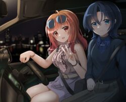  2girls belt black_nails black_shirt black_skirt blue_skirt blush breasts car_interior closed_mouth collared_shirt driving eyewear_on_head hiodoshi_ao hololive hololive_dev_is ichijou_ririka large_breasts long_hair looking_at_viewer multiple_girls nail_polish open_mouth orange_eyes orange_hair orange_nails pink_shirt redundant-cat shirt short_hair skirt sleeveless sleeveless_shirt small_breasts smile steering_wheel sunglasses teeth upper_teeth_only v virtual_youtuber white_belt 