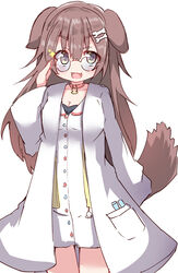  absurdres adjusting_eyewear animal_ears blush bone_hair_ornament breasts brown_eyes brown_hair cartoon_bone cleavage commentary dog_ears dog_girl dog_tail dress female hair_between_eyes hair_ornament hand_up highres hololive inugami_korone inugami_korone_(1st_costume) jacket lab_coat long_hair long_sleeves medium_breasts open_clothes open_jacket round_eyewear simple_background solo sparkle tail thick_eyebrows umberblack very_long_hair virtual_youtuber white_background white_dress wide_sleeves yellow_jacket 