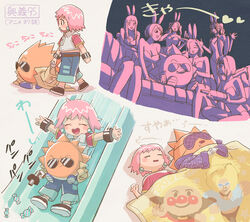  1boy 6+girls anpanman anpanman_(character) bathrobe beauty_(bobobo-bo_bo-bobo) belt black_bracelet black_footwear blue_footwear blue_pants bobobo-bo_bo-bobo bobobo-bo_bo-bobo_(character) bottle breasts brown_belt candy cigar cleavage don_patch food gun holding holding_bottle holding_gun holding_weapon jacket leotard lying maiko_(setllon) midriff multiple_girls multiple_views on_back open_mouth outstretched_arms pants pink_hair playboy_bunny purple_robe red_shirt robe saliva shirt sleep_mask sliding smoking standing sunglasses teeth translation_request upper_teeth_only weapon white_jacket wine_bottle wrapped_candy 