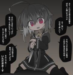  :d ahoge alternate_hair_length alternate_hairstyle bell black_dress black_hoodie black_thighhighs check_translation cleavage_cutout clothing_cutout collar commentary dark-skinned_female dark_skin dress female gradient_background grey_background grey_hair hair_flaps head_tilt holding holding_knife hood hoodie jingle_bell kisaragi_kaya knife long_sleeves looking_at_viewer metal_collar neck_bell oerba_yun_fang open_mouth original partially_unzipped red_eyes reverse_grip short_hair side-tie_peek smile solo straddling talking thighhighs translation_request yste zettai_ryouiki 