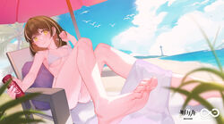  absurdres alternate_costume arknights armpit_crease bare_arms bare_hips bare_legs bare_shoulders barefoot beach beach_umbrella bikini blue_sky blurry blurry_background blurry_foreground blush breasts breasts_apart brown_hair can chair chinese_commentary closed_mouth cloud cloudy_sky coca-cola collarbone commentary_request copyright_name day depth_of_field drink drink_can eyelashes feet female fingernails foot_focus foreshortening from_side full_body hair_between_eyes hand_in_own_hair hand_up highleg highleg_bikini highres holding holding_can holding_drink horizon kneepits knees knees_together_feet_apart leaf legs lighthouse lips looking_at_viewer looking_to_the_side lounge_chair magallan_(arknights) medium_breasts multicolored_hair ocean on_chair outdoors outstretched_arm palm_leaf palm_tree resting rhine_lab_logo rhodes_island_logo_(arknights) sand shade short_hair sideboob simple_bird sitting sky smile soda soda_can soles solo streaked_hair swimsuit thighs toenails toes toes_up towel towel_on_legs tree two-tone_hair umbrella underboob w39 water waves white_bikini white_hair yellow_eyes 