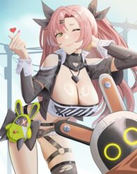  ;) absurdres anoreika_tomoe bangboo_(zenless_zone_zero) bare_shoulders belt black_belt black_ribbon black_shorts black_thighhighs blush breasts cleavage clothing_cutout commentary_request cowboy_shot crop_top female green_eyes hair_ornament hair_ribbon hairclip hand_in_own_hair hand_up heart highres large_breasts leaning_forward long_hair long_sleeves looking_at_viewer micro_shorts midriff nail_polish navel nicole_demara one_eye_closed pink_hair pink_nails ribbon shorts shoulder_cutout single_thighhigh smile solo standing stomach strapless thighhighs thighs tube_top two_side_up very_long_hair zenless_zone_zero 