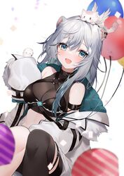  40_(0f0urw) :d ahoge animal_ear_piercing animal_ears aone_ioru aqua_eyes aqua_jacket arm_belt balloon bare_shoulders belt belt_buckle black_belt black_thighhighs blurry blurry_foreground blush breasts buckle cleavage commentary_request commission cowboy_shot depth_of_field eyes_visible_through_hair female fur-trimmed_jacket fur_trim grey_hair hair_between_eyes hamster_ears hamster_girl hand_up indie_virtual_youtuber jacket long_hair looking_at_viewer medium_breasts messy_hair o-ring off_shoulder open_mouth second-party_source single_thighhigh sitting skeb_commission sleeves_past_fingers sleeves_past_wrists smile solo thigh_belt thigh_strap thighhighs two-sided_fabric two-sided_jacket virtual_youtuber white_background white_jacket 