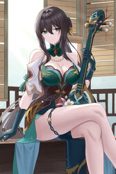  absurdres bamboo_screen bare_legs bare_shoulders bead_bracelet beads black_hair blue_gloves bracelet chinese_clothes clothing_cutout commentary_request covered_navel crossed_legs dress feet_out_of_frame female frozen-sad gloves green_eyes highres holding holding_instrument honkai:_star_rail honkai_(series) instrument jewelry long_hair looking_at_viewer parted_lips partial_commentary ruan ruan_mei_(honkai:_star_rail) shoulder_cutout sitting smile solo thigh_strap thighs very_long_hair 