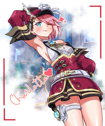  absurdres aqua_eyes arm_up armpits black_skirt blue_gemstone blurry blurry_background blush breasts character_name charlotte_(genshin_impact) closed_mouth cowboy_shot detached_sleeves female gem genshin_impact gloves hat heart highres hot jimi_paradise light_smile miniskirt one_eye_closed pink_hair pleated_skirt presenting_armpit red_hat red_skirt salute shirt short_hair simple_background skirt sleeveless sleeveless_shirt small_breasts smelly_armpits smile solo steam thigh_strap thighs two-finger_salute vision_(genshin_impact) white_gloves white_shirt 