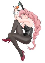  alternate_costume animal_ears anne_(path_to_nowhere) bare_shoulders braid carrot fishnet_pantyhose fishnets high_heels jrnc23 long_hair pantyhose path_to_nowhere pink_hair playboy_bunny rabbit_ears rabbit_tail red_footwear simple_background tail white_background wrist_cuffs 