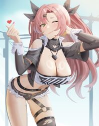  ;) absurdres anoreika_tomoe bare_shoulders belt black_belt black_ribbon black_shorts black_thighhighs blush breasts cleavage clothing_cutout commentary_request cowboy_shot crop_top female green_eyes hair_ornament hair_ribbon hairclip hand_in_own_hair hand_up heart highres large_breasts leaning_forward long_hair long_sleeves looking_at_viewer micro_shorts midriff nail_polish navel nicole_demara one_eye_closed pink_hair pink_nails ribbon shorts shoulder_cutout single_thighhigh smile solo standing stomach strapless thighhighs thighs tube_top two_side_up very_long_hair zenless_zone_zero 