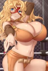  absurdres arm_up blonde_hair blue_eyes blurry blurry_background blush breasts chain-link_fence choker cleavage closed_mouth commentary_request female fence foreshortening highres huge_breasts long_hair looking_at_viewer navel orange_panties orange_shirt panties pointing pointing_at_viewer rachel_stanley shijou_saikyou_no_deshi_ken&#039;ichi shirt skywalker0610 solo standing underwear wavy_hair wrestling_mask wrestling_outfit wrestling_ring 