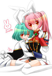  1866alliance 2girls absurdres amulet animal_ears blush breasts chiester410 chiester45 chiester_sisters clenched_hand green_hair highres looking_at_viewer medium_breasts medium_hair military_uniform multiple_girls pink_hair pleated_skirt rabbit_ears rabbit_tail red_eyes short_hair showgirl_skirt skirt smile tail thighhighs twintails umineko_no_naku_koro_ni uniform 